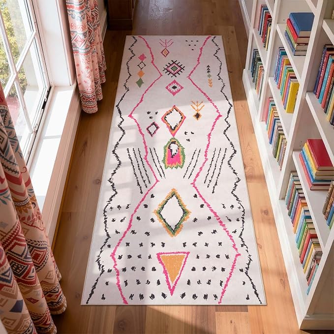 jinchan 3x7 Runner Rug Hot Nerd Boho Geometric Washable Hallway Rug, Beige | Tribal Inspired, Abstract Pattern, Irregular Lines, Washable, Soft Texture, Non-Slip, Low Pile, Kitchen, Bedroom