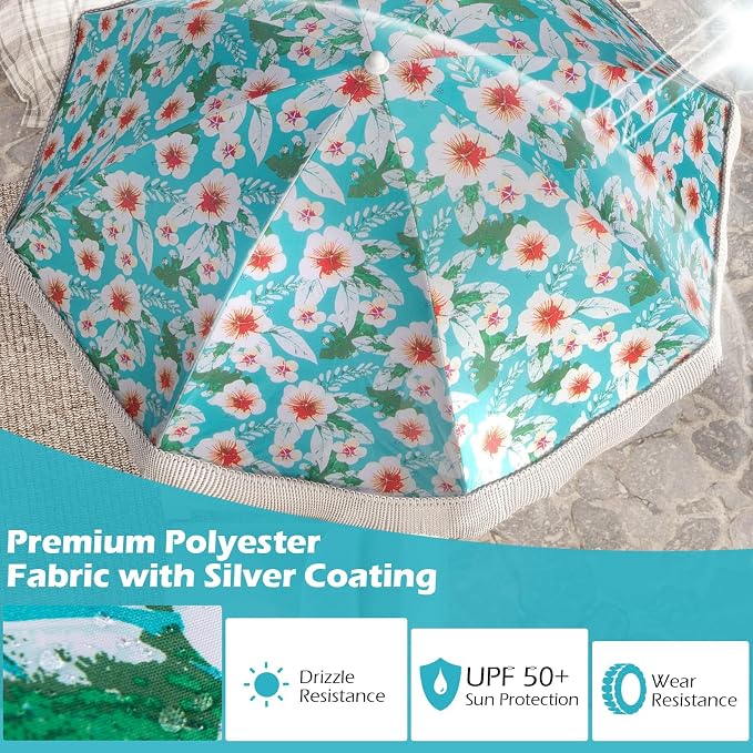 HAPPYGRILL 6.5 FT Outdoor Fringe Beach Umbrella, UPF50+ Sun Protection, Portable Sunshade with Carrying Bag, Push Button Tilt, Patio Tassel for Garden Lawn Poolside Table, Green