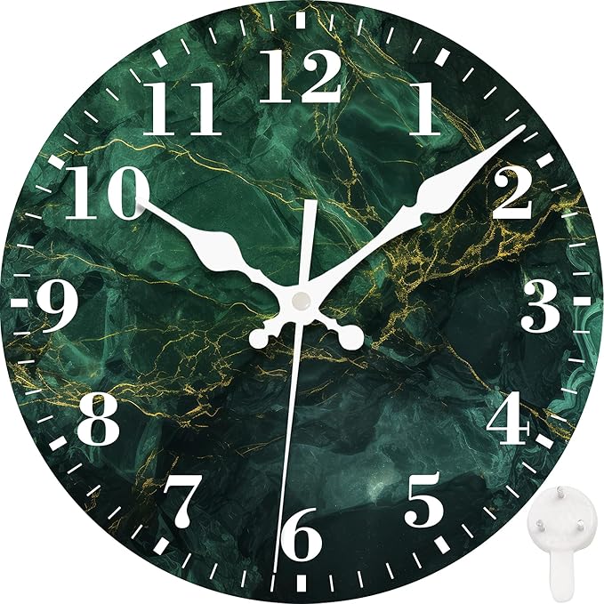 Wall Clocks Battery Operated, Dark Green Luxury Marble Silent Non Ticking Decorative Indoor Outdoor Wall Clocks for Living Room Kitchen Bedroom Bathroom 12"