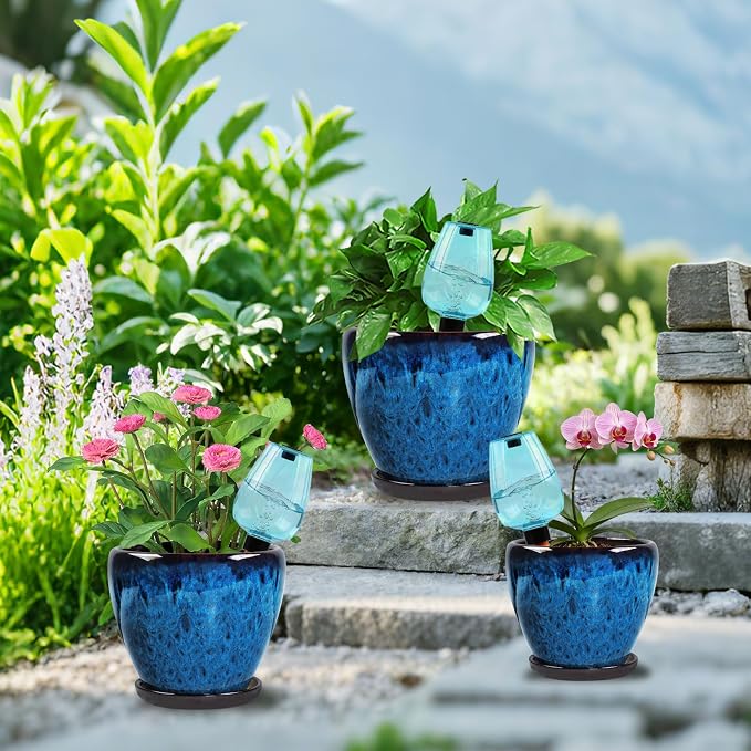 Ceramic Pots for Plant with Self Watering Globes, 10 inch Planters for Indoor Plants with Saucer, Glaze Flower Pots Outdoor with Drainage Holes, Decorative Garden Pots