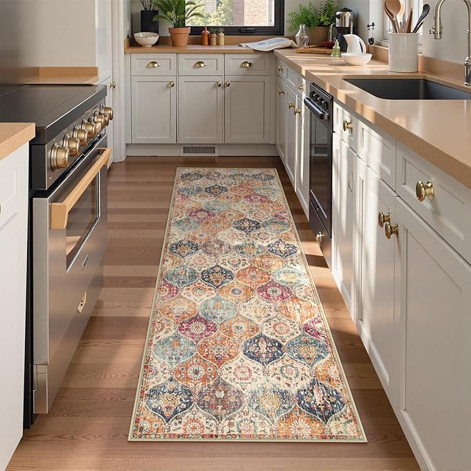 Lahome Moroccan Trellis Hallway Rug, 2x5 Washable Runner Rug Non Slip Kitchen Runners for Hallways, Ultra-Thin Vintage Carpet for Bedroom Bathroom Entryway Elise, Cream/Multi