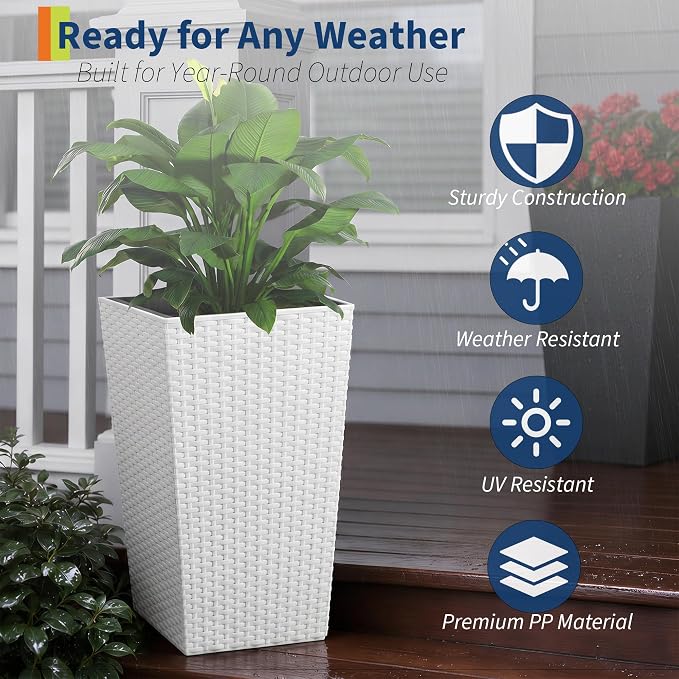 Garvee Set of 2 Tall Rattan Planters, 16 Inch Black Planters for Indoor Outdoor Plants, Flower Pots with Drainage & Water Level Window for Porch, Patio & Balcony