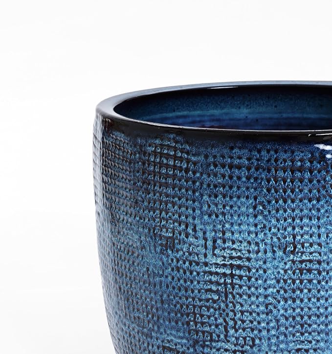 LuxenHome 15.75" Dia Large Ceramic Pots for Plants, Blue Glazed Planters for Outdoor Plants, Round Indoor Flower Pots with Drainage Hole and Rubber Plug for Home Garden Patio