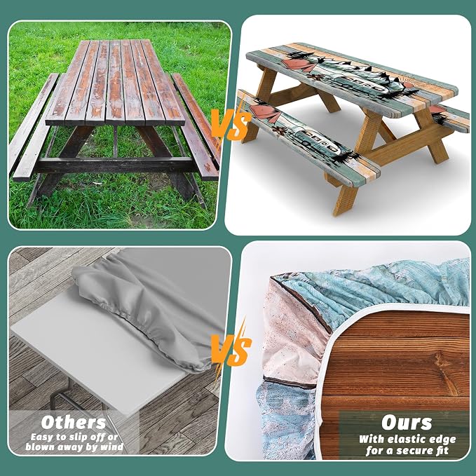 Picnic Table Cover with Bench Covers Elastic Edges Outdoor Camping Essentials 4 Pcs Scenery Waterproof Oil-Proof Tablecloth with Handbag for RV Accessories Farmhouse Camping Rustic Party Decor 72 IN