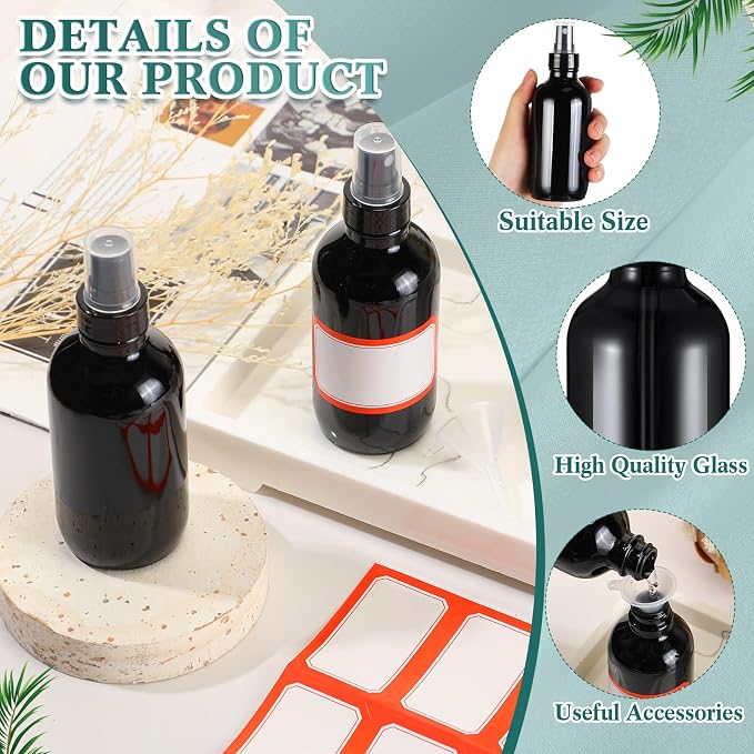 Fumete 36 Pcs Glass Spray Bottles 4oz Fine Mist Glass Spray Bottle Refillable Liquid Containers with 6 Labels 6 Funnel for Hair Travel Plants Cleaning Solutions Skin Care(Black,Classic)