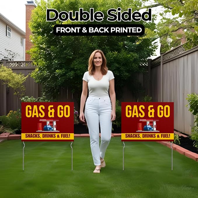 Gas & Go - Snacks, Drinks & Fuel! Yard Sign by DC | 24"x18" Double Sided Conv. Store Garden Sign with 13” Metal Stakes | Outdoor Signs Waterproof for Lawn, Patio, Sidewalk & House | Set of 2