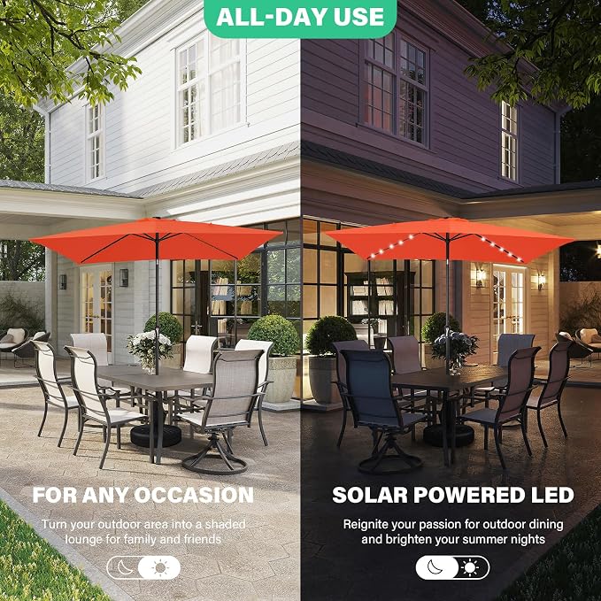 JEAREY 6.5x10 ft Rectangular LED Lighted Patio Umbrellas Outdoor Solar Table Market Umbrella w/Push Button Tilt/Crank, 6 Sturdy Ribs, UV Protection Waterproof Sunproof(Orange)