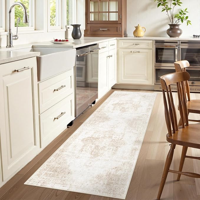 Runner Rug 2x6 Washable Rug, Vintage Boho Medallion Hallway Runner Non-Slip Soft Low Pile Distressed Floor Carpet Retro Doormat for Kitchen Bedroom Laundry Entryway Bathroom (Beige, 2'x6')