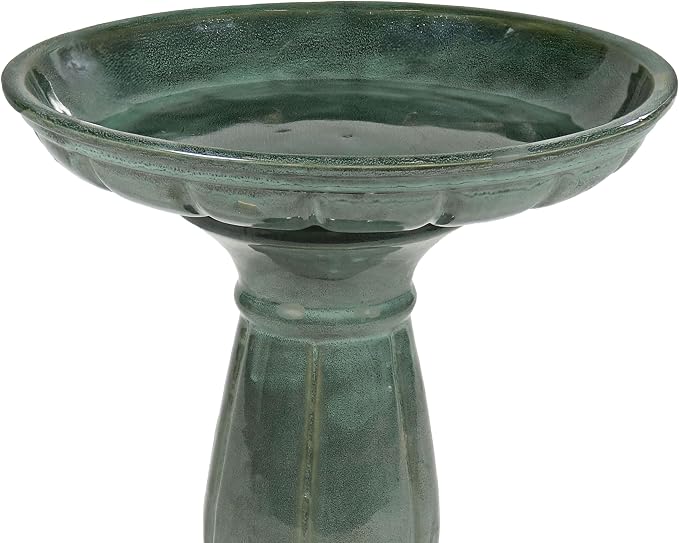 Sunnydaze Avignon Outdoor Ceramic Bird Bath - 18.75" H - UV- and Frost-Resistant - Pedestal Design - Green Mist