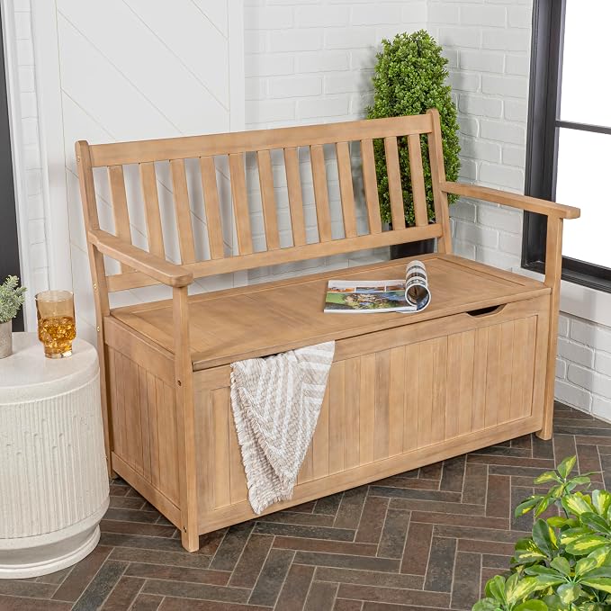 happimess STB1000A Sophie 48" Traditional Farmhouse Lift-Top Acacia Wood Storage & Entry Bench, Light Teak Matte Finish, with Seating & Armrest for Patio, Garden, Porch, Backyard, Poolside