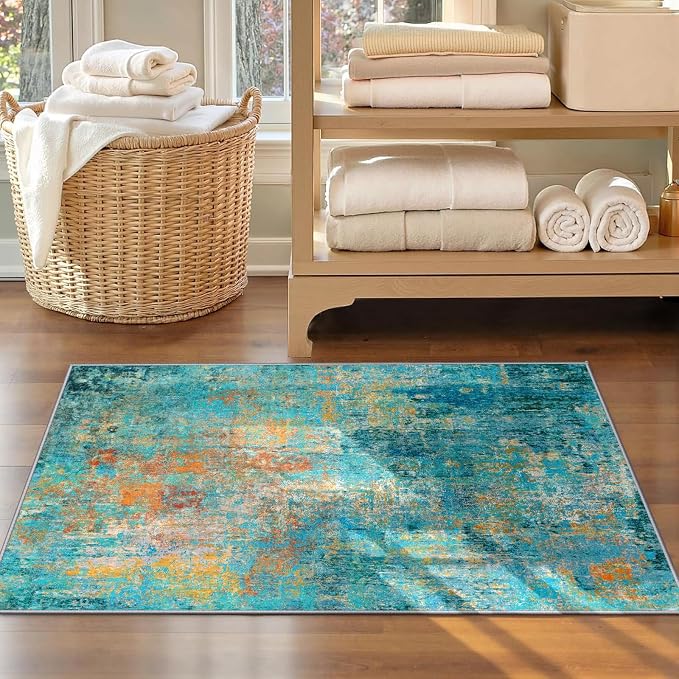 RELEANY Washable 2'x3' Abstract Area Rug for Living Room Teal Multi | Carpet for Bedroom, Kitchen, Office, Hallway and Entryway, Printed Pattern, Non‑Slip, Soft, Stain‑Resistant, Easy to Clean