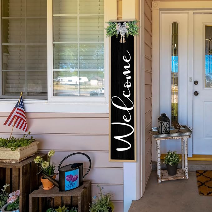 Welcome Cursive Sign for Front Porch Standing 45"X9" Tall Large Vertical Leaner Wood Framed Outdoor Wall Decor (Wood Black)