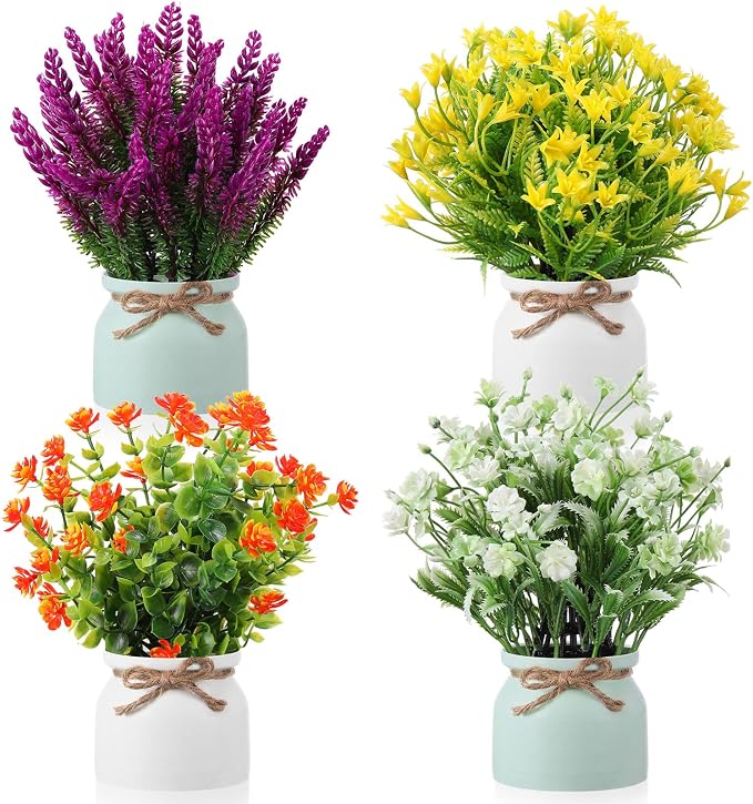 Cindeer 4 Pcs Large Artificial Potted Flowers Fake Potted Plants Plastic Faux Flowers for Home Decor Indoor Artificial Plants in Pots for Wedding Home Desk Tabletop Outdoor Office Kitchen (Vintage)