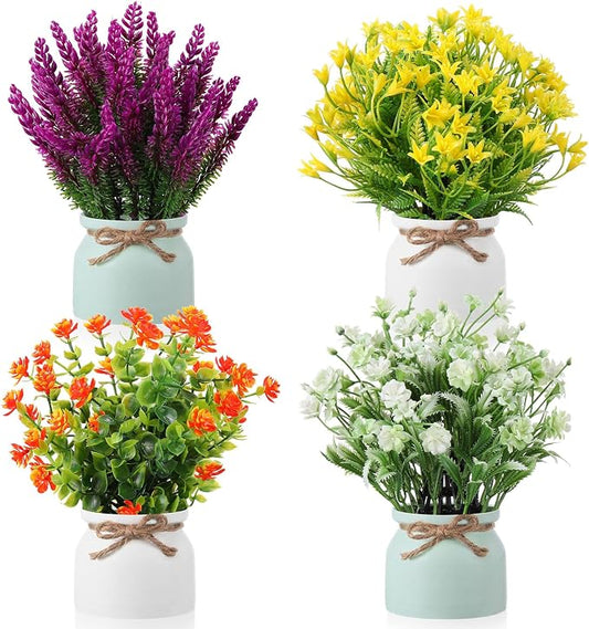 Cindeer 4 Pcs Large Artificial Potted Flowers Fake Potted Plants Plastic Faux Flowers for Home Decor Indoor Artificial Plants in Pots for Wedding Home Desk Tabletop Outdoor Office Kitchen (Vintage)
