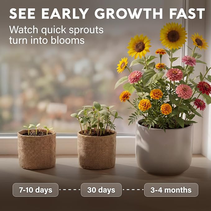 AVERGO Sunflower, Marigold & Zinnia Flower Seeds Growing Kit | Complete Indoor & Outdoor Kit with Seeds for Planting, Planters, Soil, Tools, Instructions