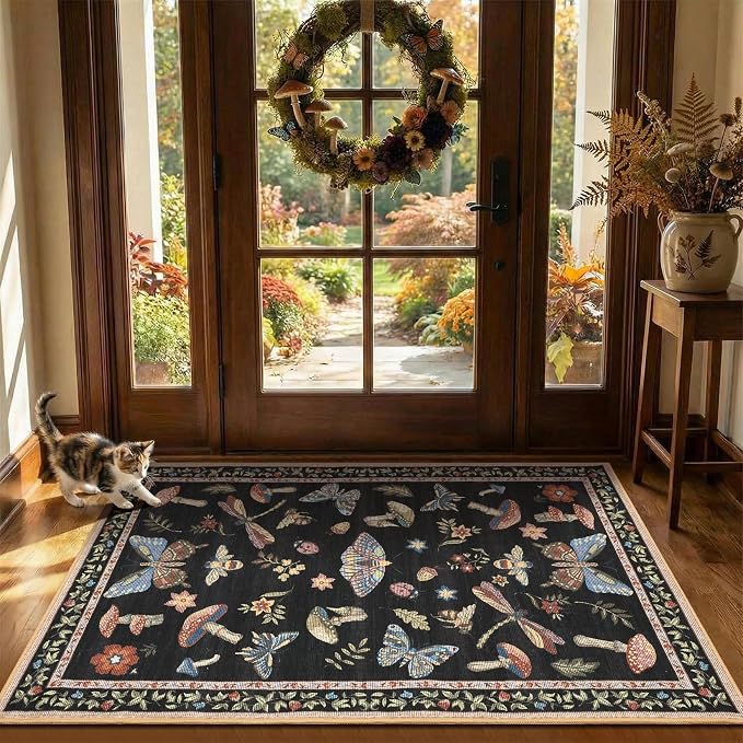 ROYHOME Mushroom Insect Washable 2x3 Rug for Entryway Door Mat Black | Kitchen Bathroom Bedroom Small Bug Moth Cute Funky Cottage Core Whimsical Boy Rugs Low-Pile Non-Slip TPE Backing