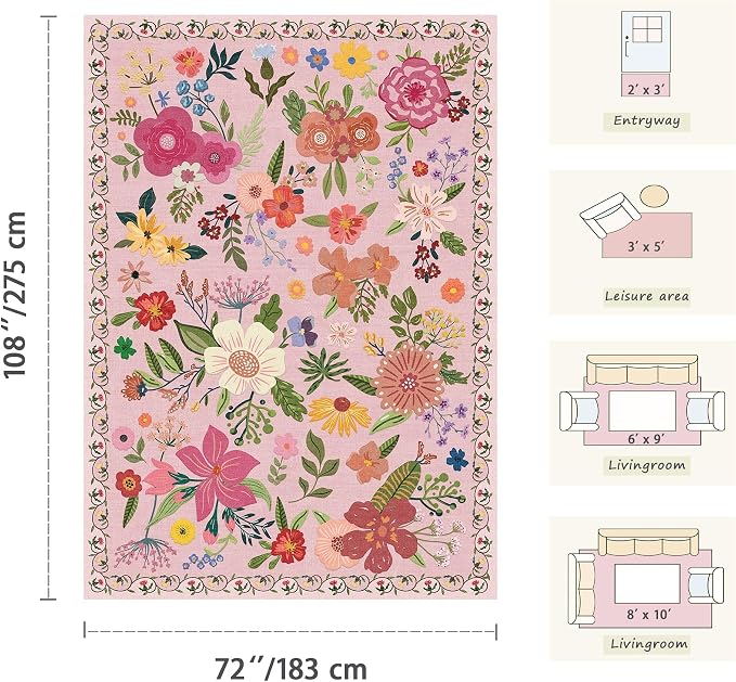 Latte&Fog Floral Area Rugs 6x9, Large Washable Pink Rugs for Living Room | for Dining Kitchen Kids Nursery Playroom Guest Room Classroom Dorm Farmhouse Office, Non Slip Low Pile Soft Floral Carpets