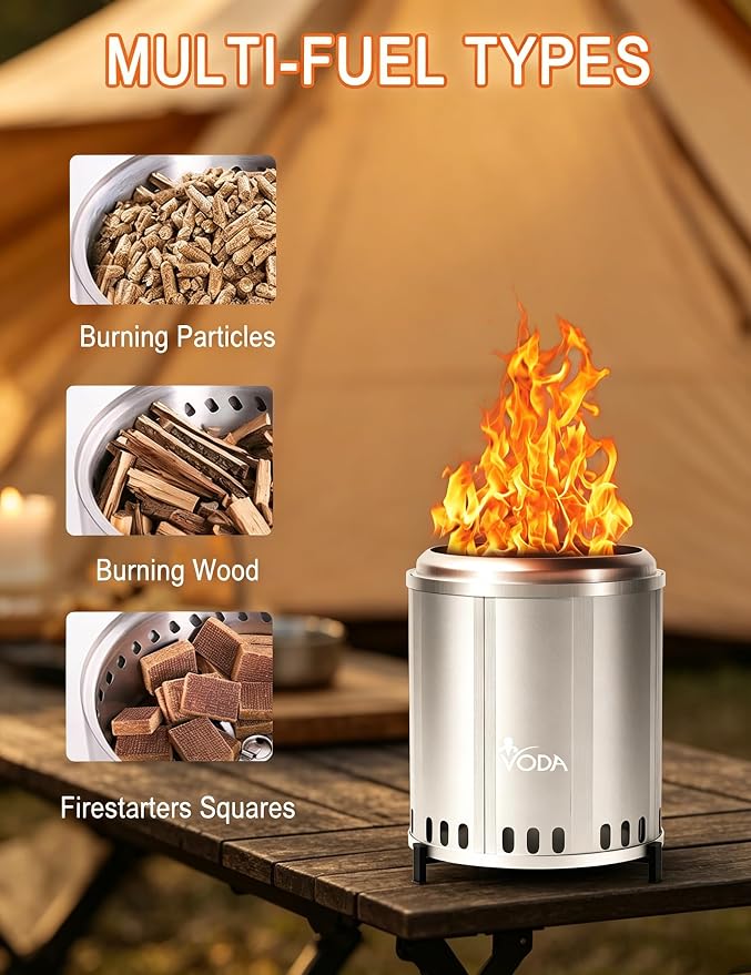 VODA Smokeless Tabletop Fire Pit, 12.5 Inch Portable Wood Burning Firepit with Stand for Patio, Backyard, Camping & Outdoor Heating