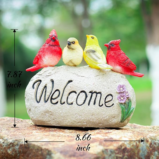 Solar Garden Statues Outdoor Decor, Welcome Sign Garden Sculptures Statue Novelty Birds Figurine Decoration for Patio Yard Porch Art Home Decor or Gifts for Mom Grandma