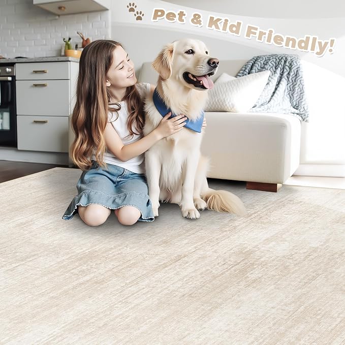 pmtsns Area Rugs 10x14 Living Room: Washable Rug Modern Abstract Neutral Soft Non-Slip Low-Pile Indoor Large Carpet for Bedroom Dining Room Playroom Home Office (Beige, 10'x14')
