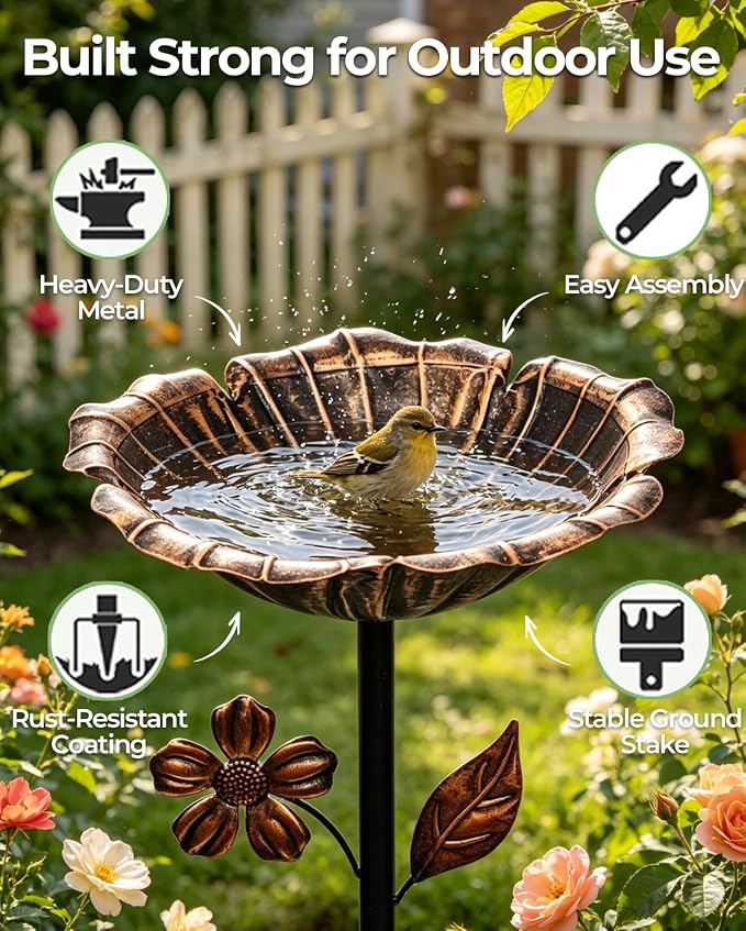 2PCS Vintage Metal Bird Bath Feeder 5-Prong Stake for Garden Patio | Vintage Metal Bird Bath & Feeder, Weatherproof, Easy Install, Ideal Garden Patio Decor.