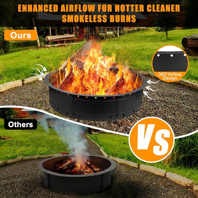 Fire Pit Ring, 31 Inch Round Steel Firepit, Black, Powder Coated, Wood Burning, Air Vent for Efficient Burning