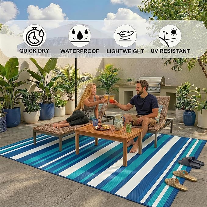 Outdoor Rug Camping Essentials - 4x6 FT Outdoor Plastic Straw Rug for Patio Clearance, Waterproof RV Essentials Outside Area Rug for Deck Garden, Backyard Patio Furniture Set, Blue White