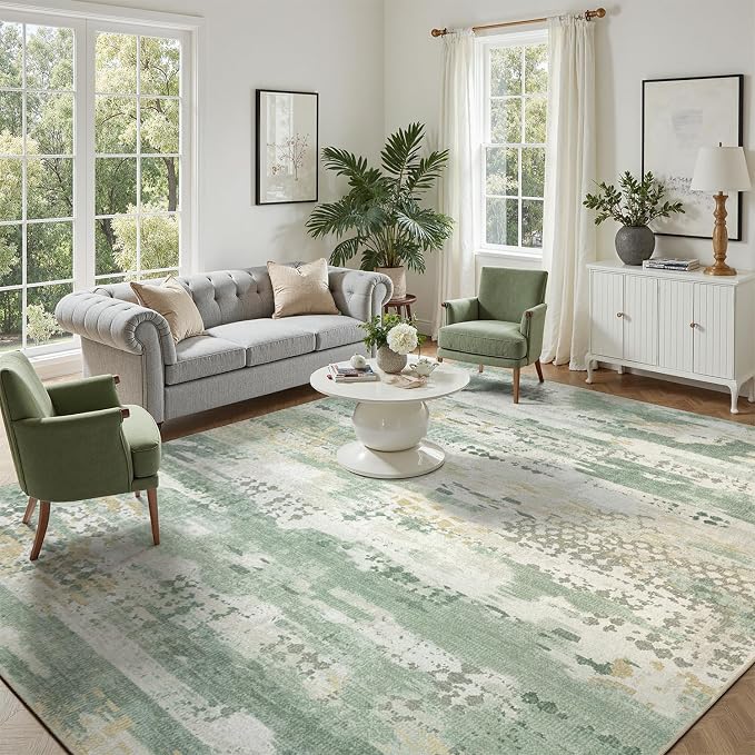 DCX Washable Abstract Area Rug 6x9, Non Slip Low Pile Rug, Sage Green | Easy to clean, non-shedding, soft, kid & pet friendly, with a non-slip rubber backing for living rooms, bedrooms, and offices