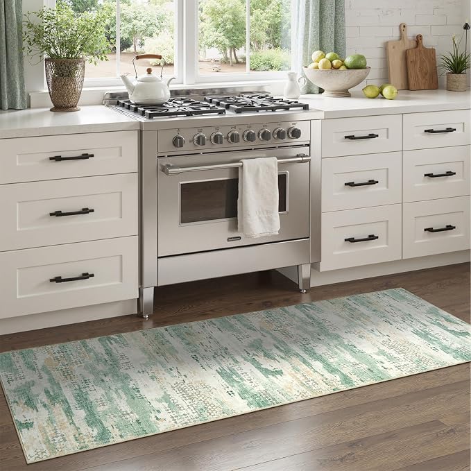 DCX Washable Abstract Area Rug 2x8, Non Slip Low Pile Rug, Sage Green | Easy to clean, non-shedding, soft, kid & pet friendly, with a non-slip rubber backing for living rooms, bedrooms, and offices
