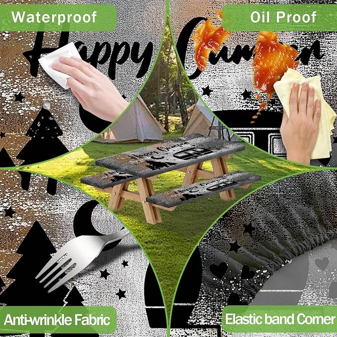 Picnic Table Cover with Bench Covers Elastic Edges, Black Grey Happy Camper Fitted Table Cover, Outdoor Patio Camping Essentials 96 Inch 3PCS, Waterproof Camping Tablecloth with Drawstring Bag