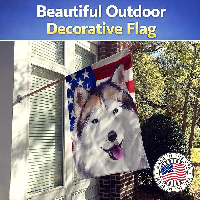 Caroline's Treasures CK6389CHF Alaskan Husky American Flag House Flag Large Porch Sleeve Pole Decorative Outside Yard Banner Artwork Wall Hanging, Polyester, House Size, Multicolor