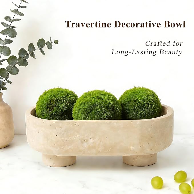LIN CHUAN Natural Oval Travertine Stone Fruit Bowl for Kitchen Counter | Two-Legged Decorative Pedestal Bowl for Dining Table Decor, 10" Luxury Entryway Catchall Purse Bowl - Travertine