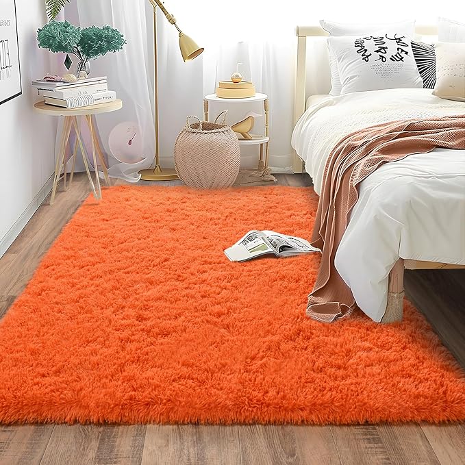 Soft Shag Rugs for Bedroom, Fluffy Washable 4x6 Orange | Upgrade Non-slip, 4 x 6 Shaggy Rugs for Living Room, High Pile Fuzzy Plush Carpet Kids Room Dorm, Flame Resistant