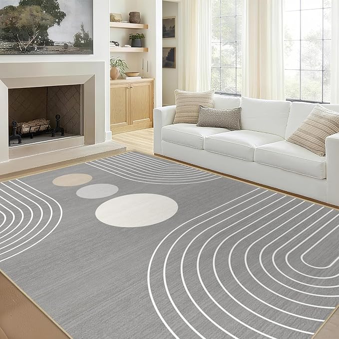 Area Rug 5x7 Boho Modern Minimalist Geometric Abstract Rug Grey Mid Century Modern Rug for Living Room Machine Washable Non-Slip Printed Low Pile Indoor Carpet for Bedroom Dining Room Office Gray