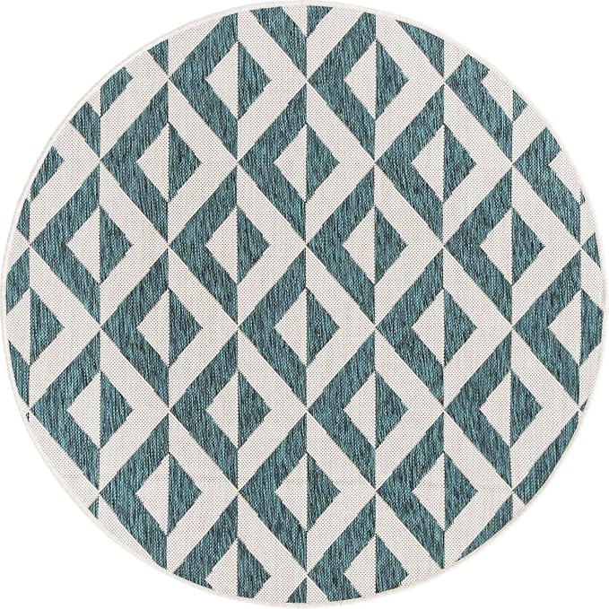 Unique Loom Outdoor Collection Area Rug - Napa (4' 1" Round, Teal/ Ivory)