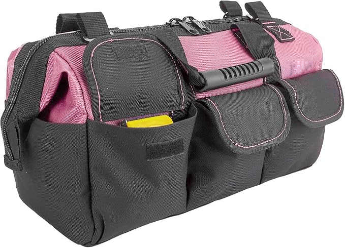 16-inch for women purple tool box Non-slip feet adjustable shoulder strap 14 functional insert pockets,large capacity Men's heavy-duty toolbox,for electricians, carpentry,gardening (Pink)