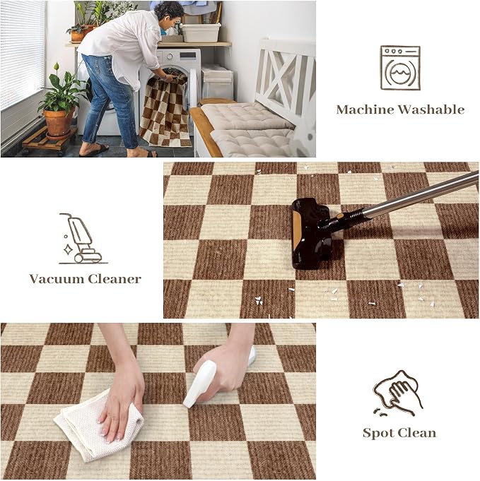 LIVEBOX 8x10 Area Rugs for Living Room, Checkered Non-Slip Washable Rugs, Farmhouse Neutral Classic Geometric Pattern Large Boys Area Rug for Bedroom, Carpet for Dining Room Office(Dark Brown,8'x10')