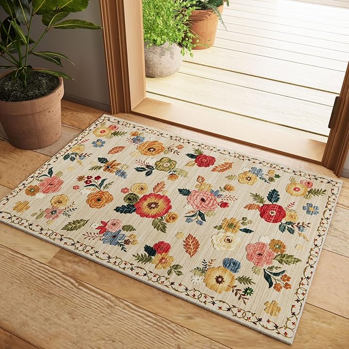 2x3 Small Area Rugs for Entryway: Washable Rug Non Slip Door Mat Indoor Entrance Faux Wool Soft Low Pile Floral Throw Rugs for Inside Front Door Floor Bedroom Kitchen Nursery Dorm Entry Home Office