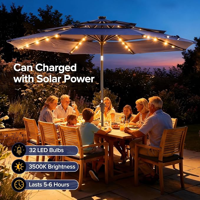 NEWBULIG 10ft Solar Patio Umbrella with 32 LED Lights, Table Market Umbrella with Tilt Adjustment & Crank Lift, Outdoor Sun Umbrella for Garden, Deck, Backyard, Pool and Beach