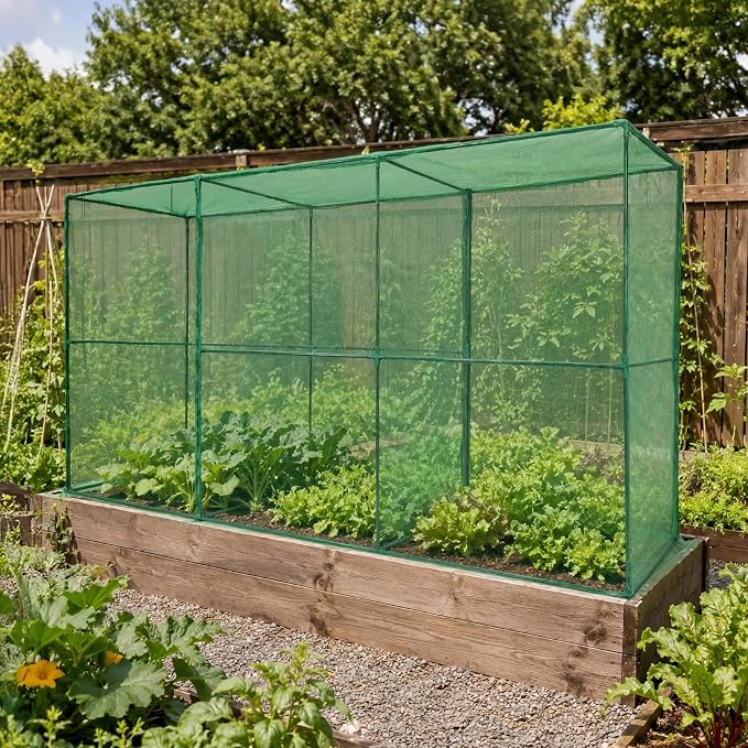 Aoodor 11x3.9x6 FT Crop Cage, Plant Protection Tent with Heavy Duty Steel Frame and Zippered Doors, Green Netting Cover for Garden, Lawn, Yard