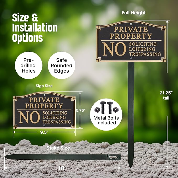 SmartSign Private Property Sign for Yard, No Soliciting Loitering Trespassing Garden Plaque | 5.75" x 9.5" Aluminum Plaque with 18" Black Lawn Stake, Made in USA