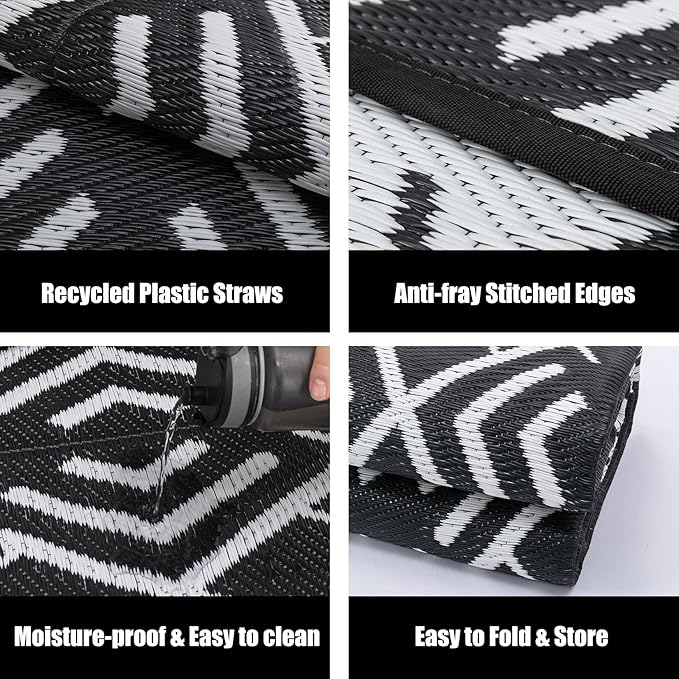 HUGEAR RV Outdoor Rug Waterproof Mat Outdoor Rugs 6'x9' for Patios Clearance Carpet Outdoor Camping Rugs Large Plastic Straw Rug(Geometric Black&White)