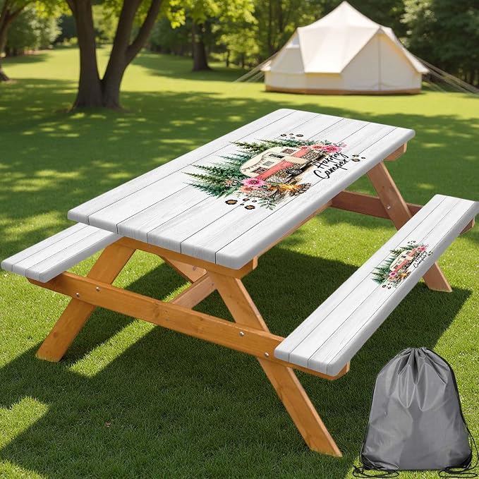 Picnic Table with Bench Covers 3 PCS Set, Pink Leopard Floral Camper Waterproof Windproof, Elastic Fitted Tablecloth with Drawstring Bag for Camping BBQ RV Trip Outdoor Party, 30X60 inch