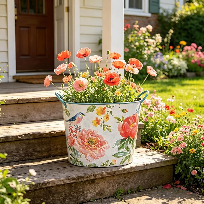 Vintage Watercolor Metal Bucket Planter with Floral & Bird Print , 13" Large Decorative Flower Pot with Handles for Indoor Outdoor Garden, Farmhouse Kitchen, Wedding and Rustic Home Decor (Flower#4)