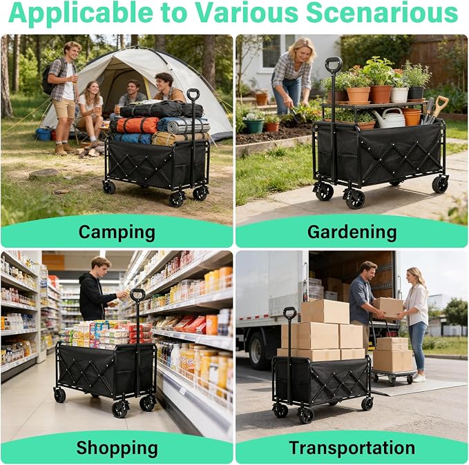 Folding Wagon Cart with All-Terrain Wheels – Heavy Duty Collapsible Utility Wagon for Grocery, Sports, Garden, Camping, Shopping (Black 500LBS)