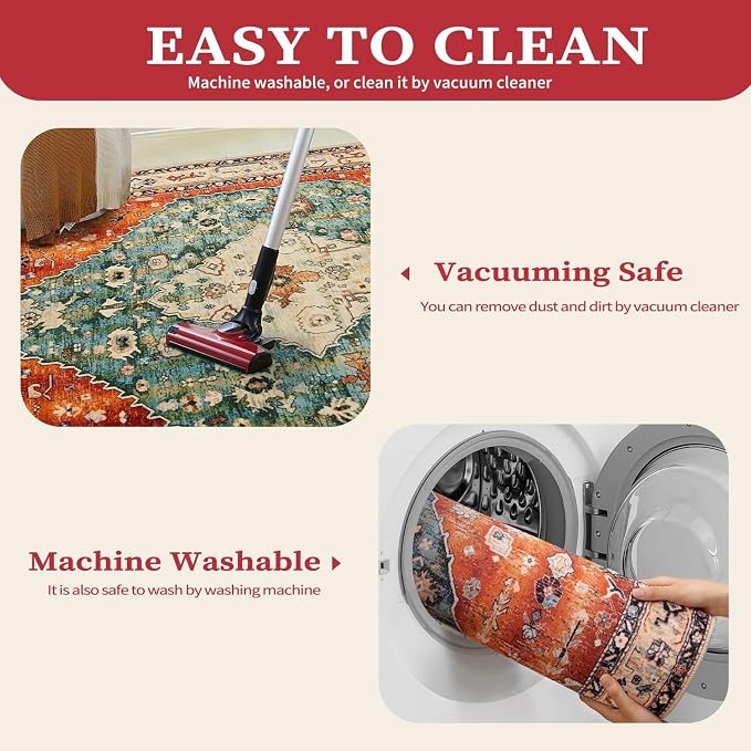 SERISSA 8x10 Washable Non Slip Boho Area Rug for Living Room | Ultra Soft Vintage Oriental Carpet Low-Pile Distressed Tribal Throw Carpet for Dining Room Bedroom Dorm Office Home Decor