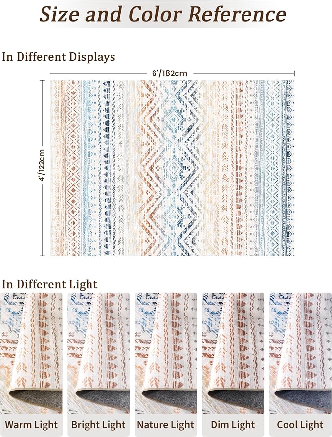 Miukiki 4x6 Washable Area Rug Non Slip Rug for Living Room Multi | Moroccan Soft Low Pile Indoor Area Rug for Living Room Bedroom Dining Room Stain Resistant Carpet with Easy Care 4'x6'