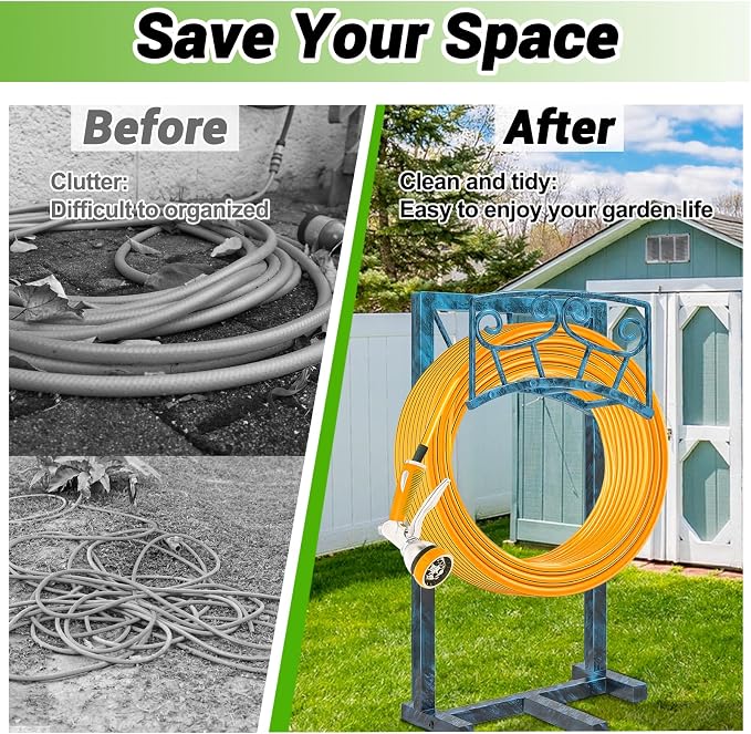 Garden Hose Holder, Heavy Duty Metal Water Hose Holders Hose Stand with 5 Spikes, Freestanding Hose Storage Rack Hose Hanger Holds 150ft Hose for Outside Yard Lawn Garden Decor (Retro Blue)