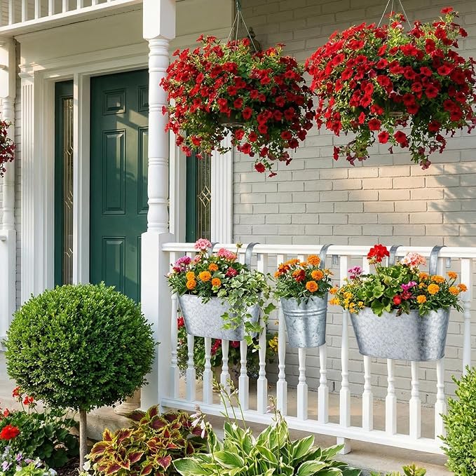 16 Pcs Hanging Flower Pots Planters for Outdoor Metal Iron Wall Flower Planter Baskets for Railing Fence Balcony Garden Yard Home Indoor Decoration with Detachable Hooks (Silver)