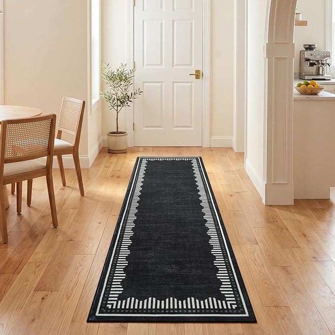 Garvee Washable Hallway Runner Rug 2x6 Non Slip Neutral Scalloped Runners | Black Low Pile Stain Resistant Kitchen Runner Mat Solid Color Modern Geometric Living Room Bedroom Nursery Entry Area Rugs